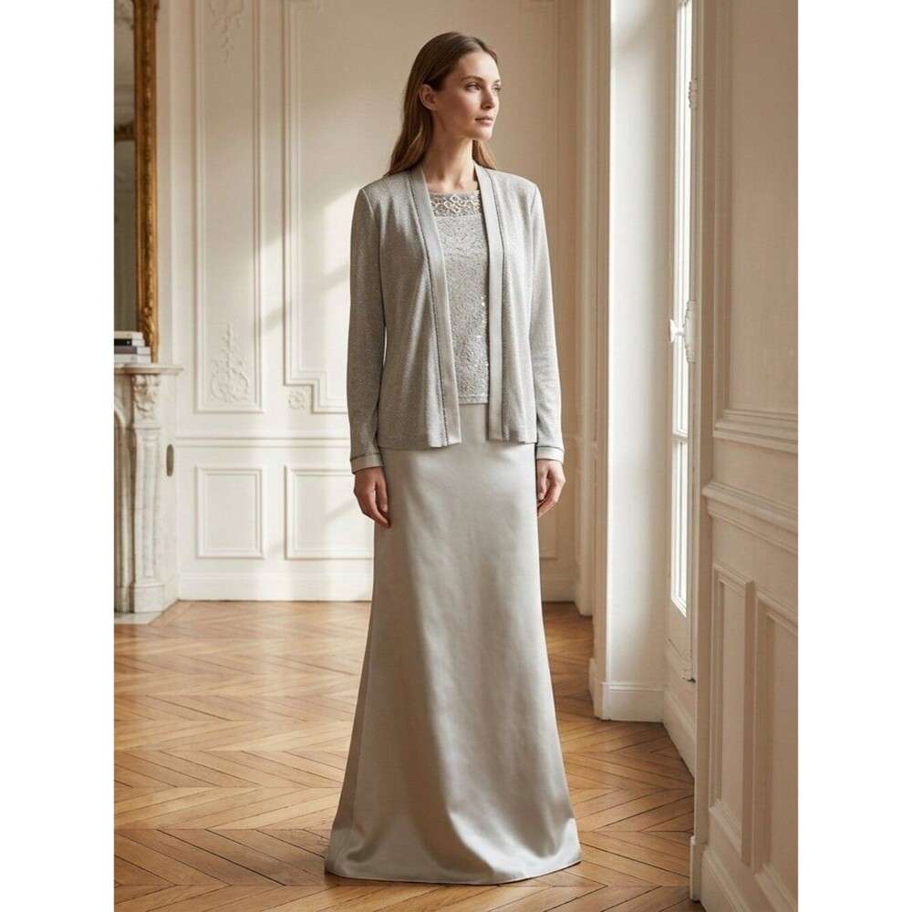 Alex Evenings 8P Silver Sage Embroidered Maxi Dress & Beaded Jacket Set